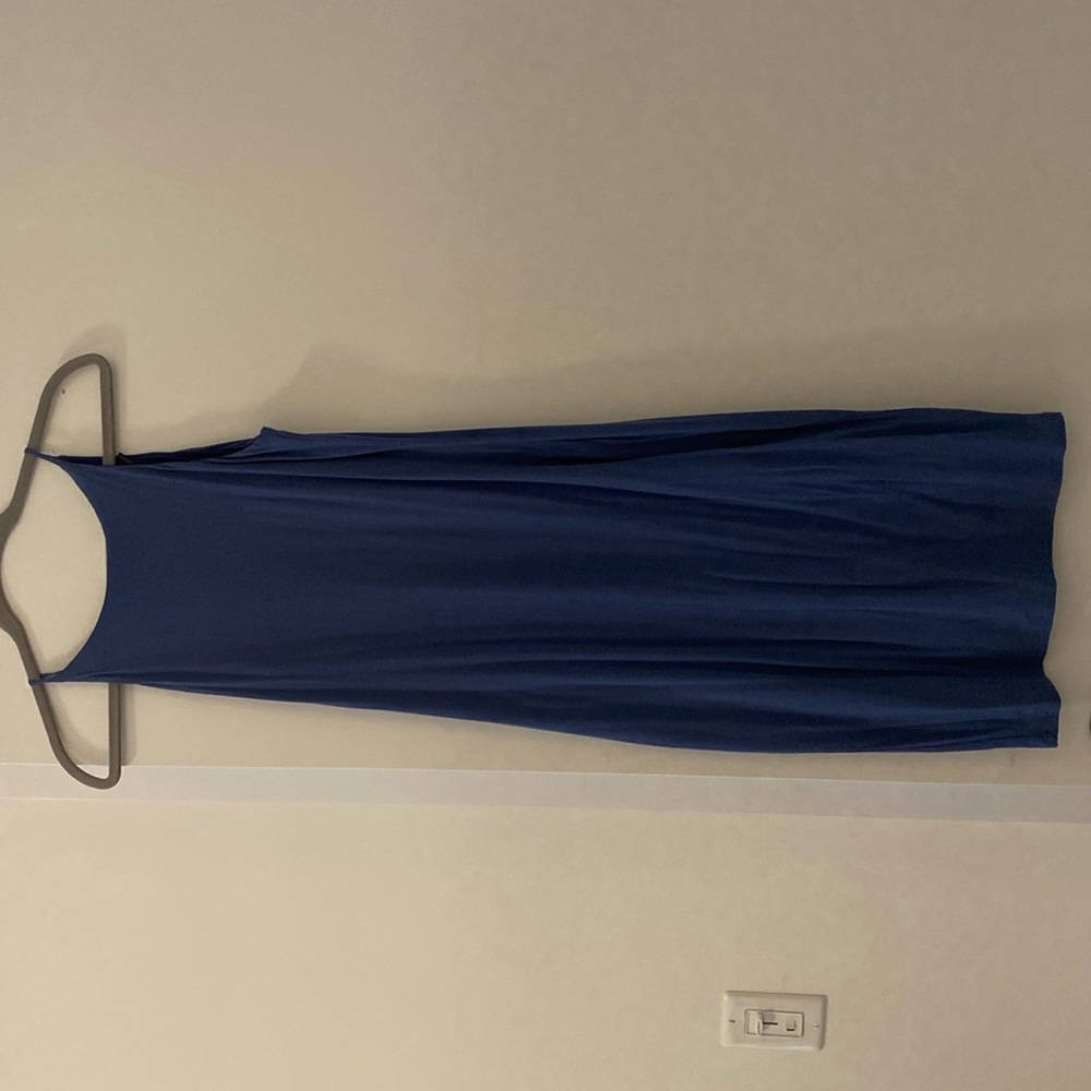 Small muted blue dress, midi length (hits mid calf on 5’4 frame)